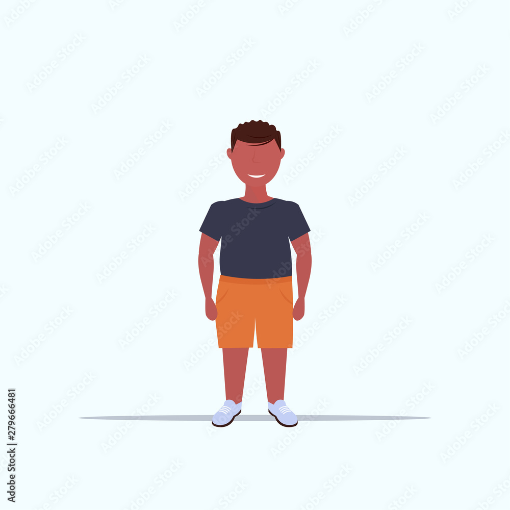 Wall mural overweight smiling boy over size child standing pose unhealthy lifestyle concept obese african american male cartoon character full length flat white background