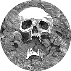 Black and white vector drawing of human skull appearing through lines 