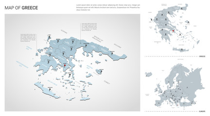 Vector set of Greece country.  Isometric 3d map, Greece map, Europe map - with region, state names and city names.