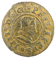 Ancient Spanish copper coin of King Felipe IV. 1663. Coined in Sevilla. 16 Maravedis. Obverse.