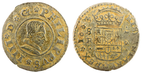 Ancient Spanish copper coin of King Felipe IV. 1663. Coined in Sevilla. 16 Maravedis.