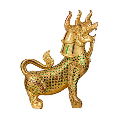 Golden lion statue isolated with white background
