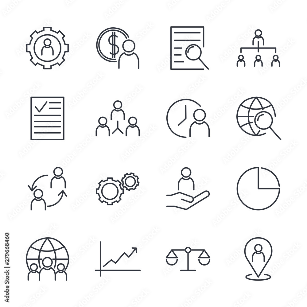 Aufkleber icons set of team work related vector simple line. management line icons. startup strategy and emplo