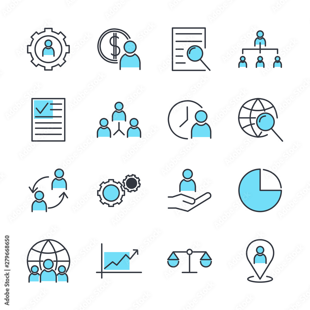 Poster Icons Set of Team Work Related Vector Simple Line. Management line icons. Startup strategy and Employees linear icons. Business strategy, Startup and Teamwork symbols.