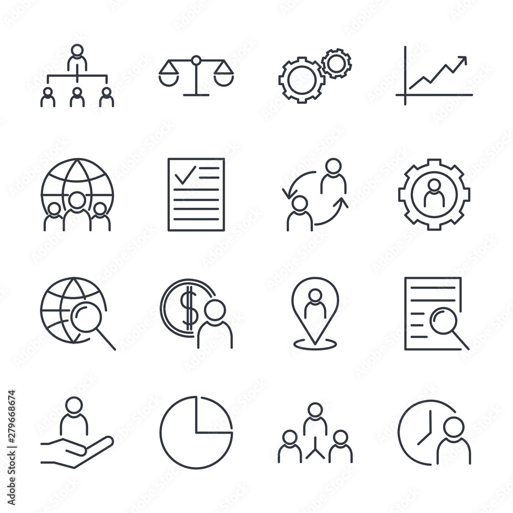 Aufkleber Icons Set of Team Work Related Vector Simple Line. Management line icons. Startup strategy and Employees linear icons. Business strategy, Startup and Teamwork symbols.