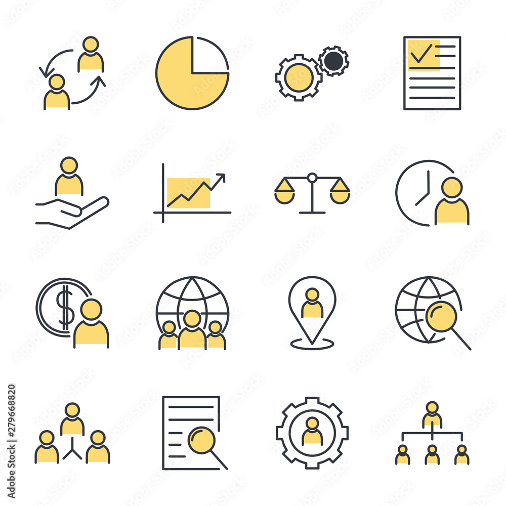 Poster icons set of team work related vector simple line. management line icons. startup strategy and emplo