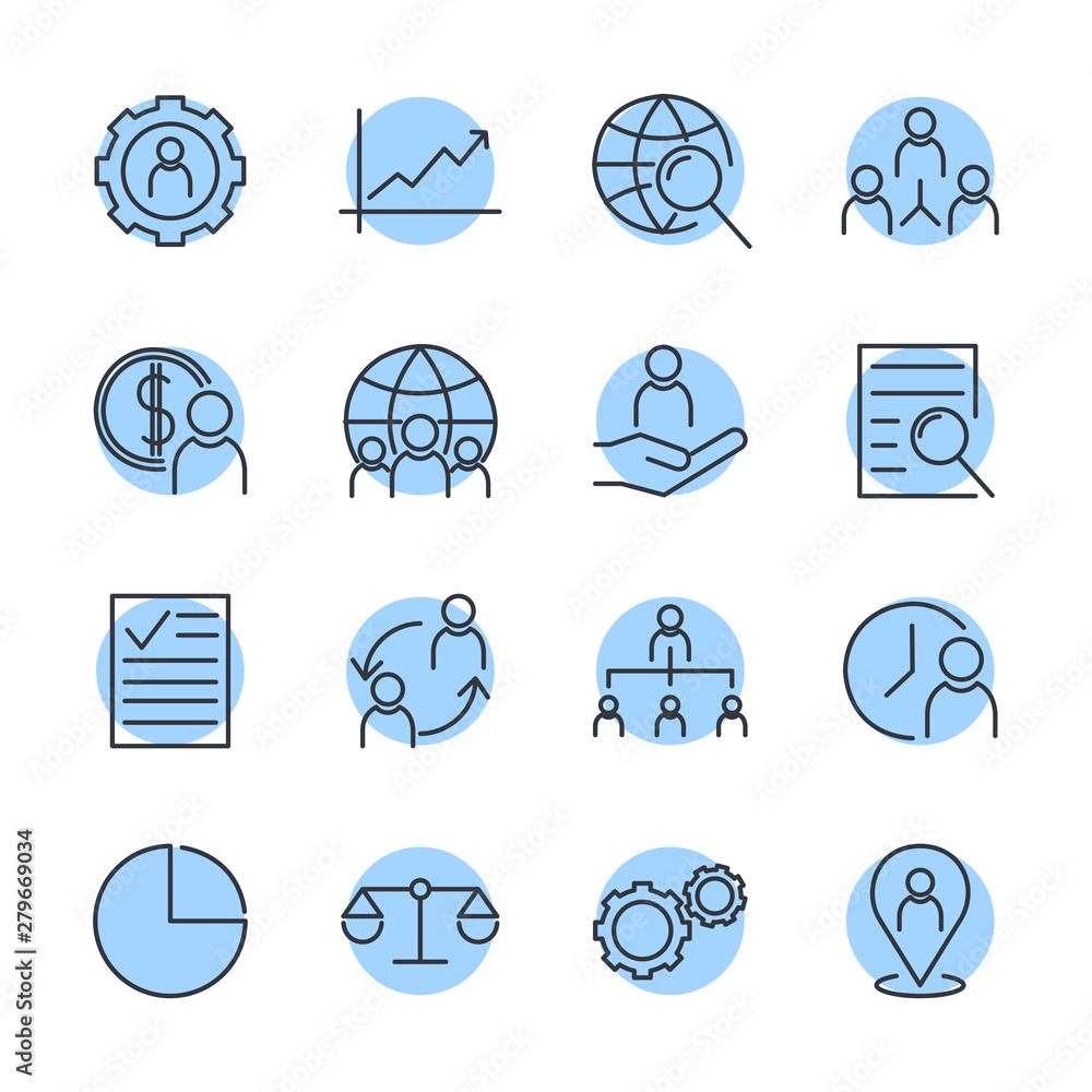 Poster Icons Set of Team Work Related Vector Simple Line. Management line icons. Startup strategy and Employees linear icons. Business strategy, Startup and Teamwork symbols.