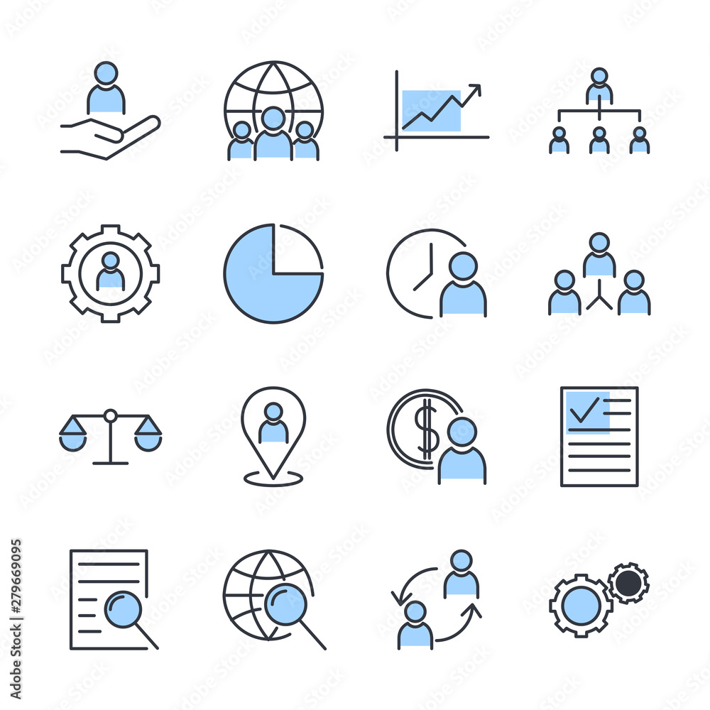 Aufkleber icons set of team work related vector simple line. management line icons. startup strategy and emplo