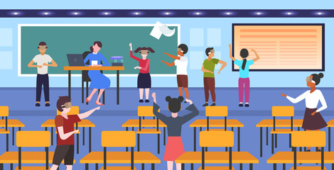 mix race pupils wearing modern 3d glasses schoolchildren experiencing virtual reality through headset during lesson vr digital technology concept school classroom interior flat horizontal