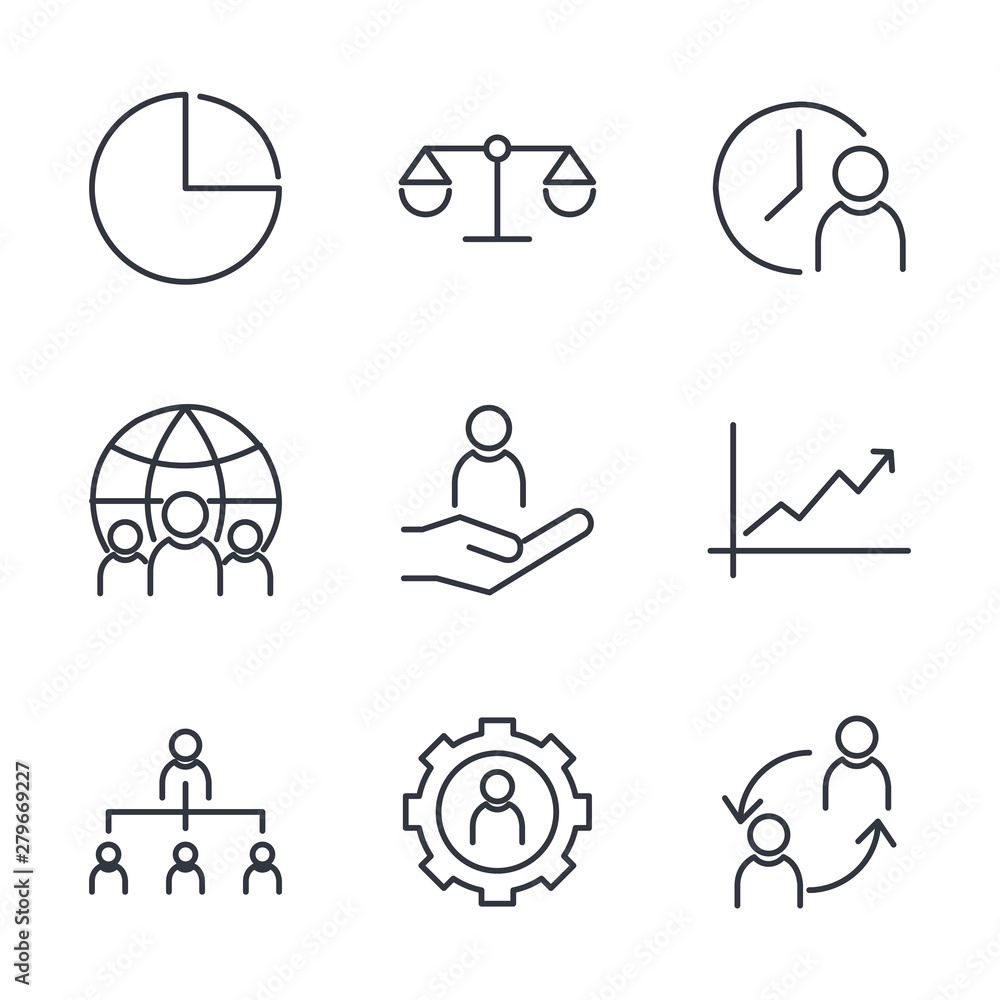 Aufkleber icons set of team work related vector simple line. management line icons. startup strategy and emplo