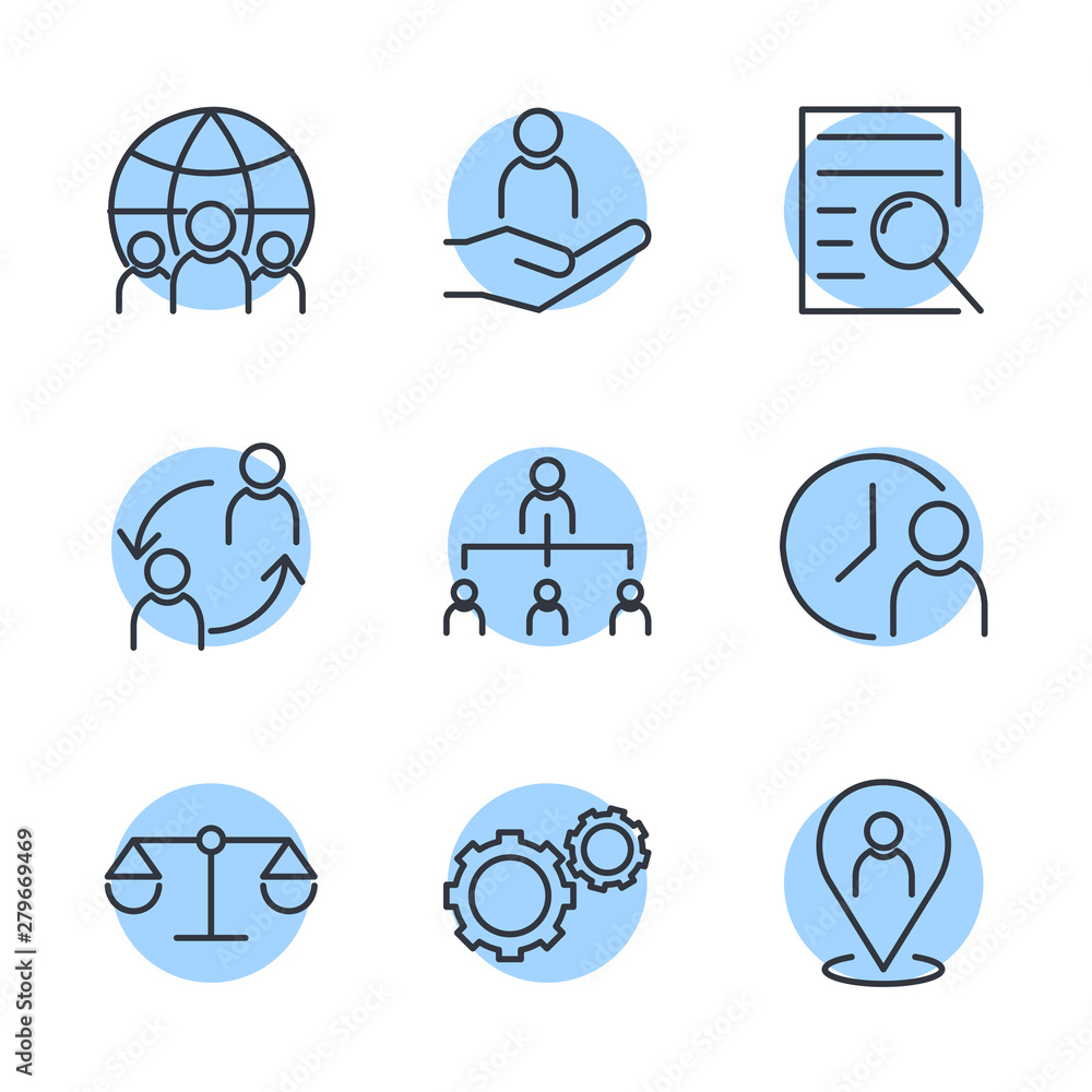 Poster icons set of team work related vector simple line. management line icons. startup strategy and emplo