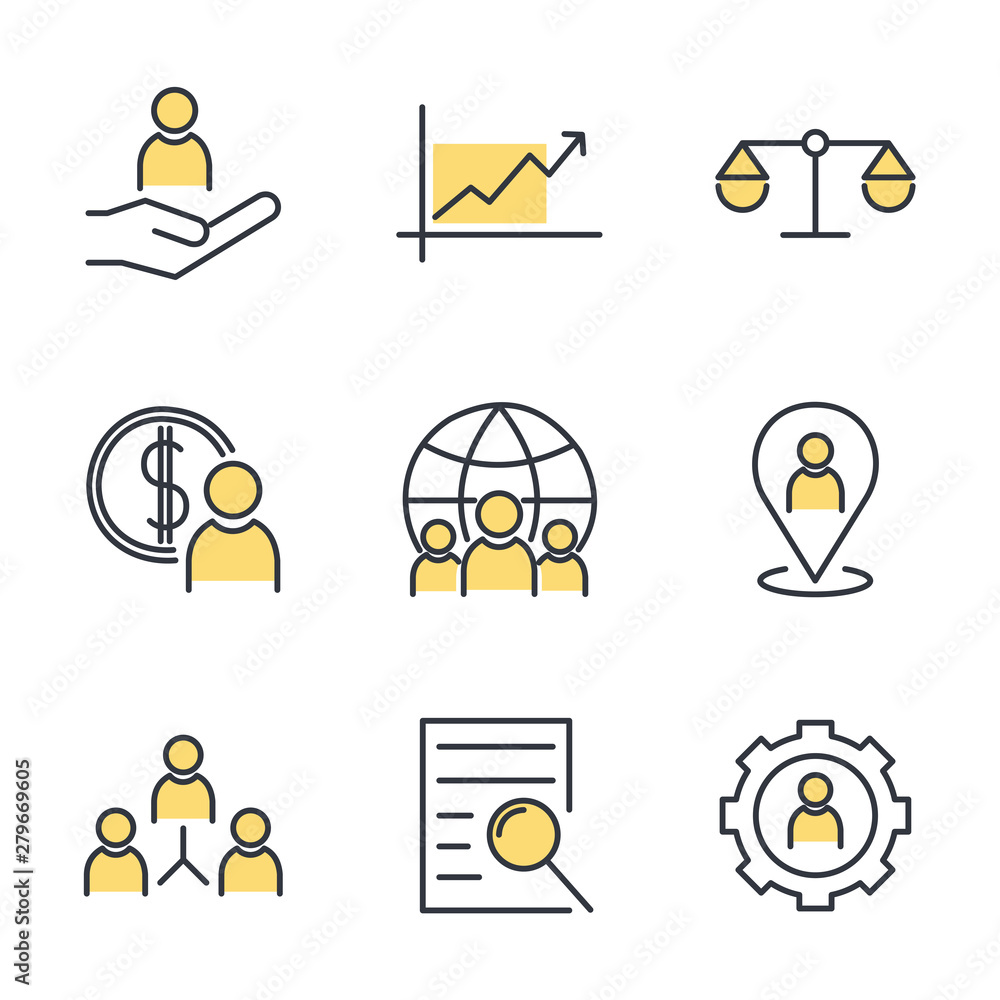 Poster icons set of team work related vector simple line. management line icons. startup strategy and emplo