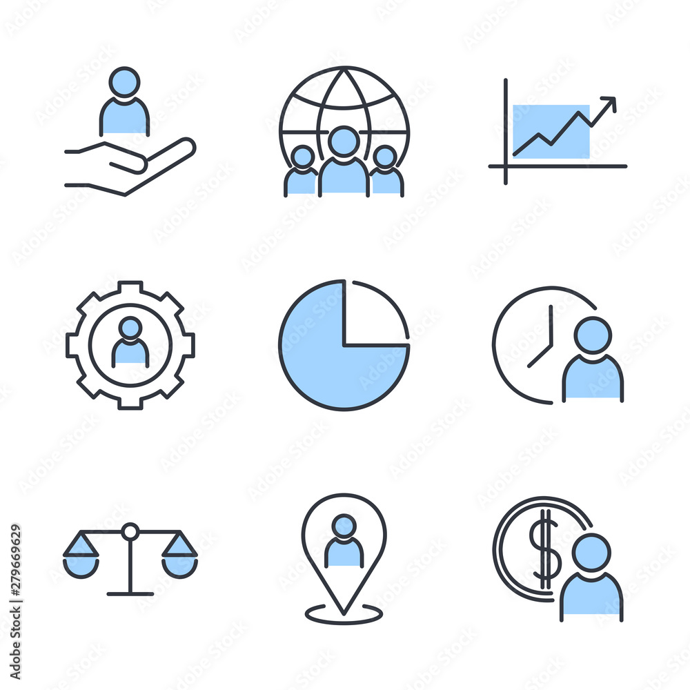 Poster icons set of team work related vector simple line. management line icons. startup strategy and emplo
