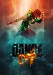 Break dance party poster. Man break dancing
