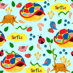 seamless pattern with colorful turtles and caterpillars - vector illustration, eps