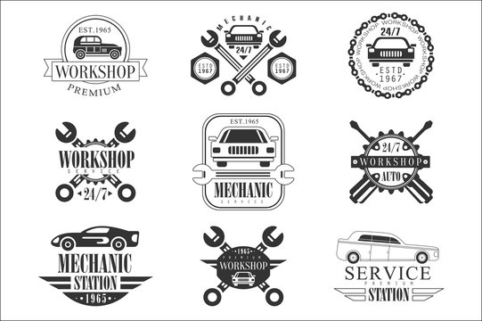 Auto Mechanic Black And White Emblems. Classic Style Vector Monochrome Graphic Design Logo Set With Text