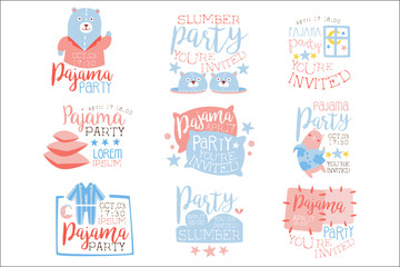 Pink And Blue Girly Pajama Party Invitation Templates Set Inviting Kids For The Slumber Pyjama Overnight Sleepover Cards