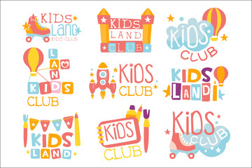 Kids Land Playground And Entertainment Club Set Of Colorful Promo Signs For The Playing Space Children