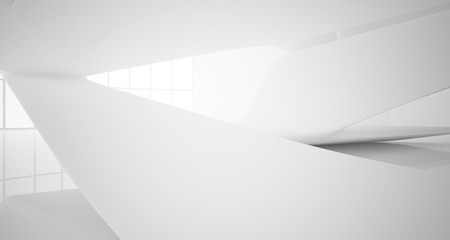 Abstract architectural white smooth interior of a minimalist house with large windows.. 3D illustration and rendering.