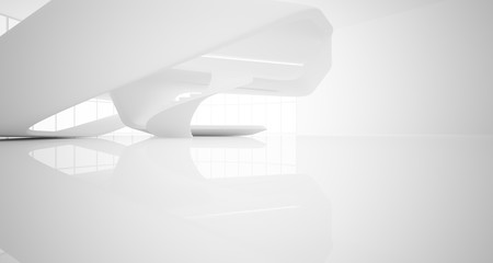 Abstract architectural white smooth interior of a minimalist house with large windows.. 3D illustration and rendering.
