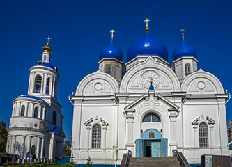 Cathedral temple and bell tower of Bogolubovo monastery. Village of Bogolubovo, Russia. Years of construction 1855 - 1856