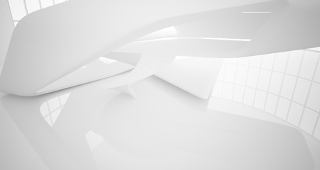 Abstract architectural white smooth interior of a minimalist house with large windows.. 3D illustration and rendering.