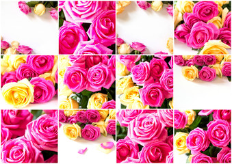 Collage Wedding or Valentines Day, Mother day card. Beautiful pink and yellow roses flower bouquet isolated on white background.