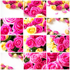 Collage Wedding or Valentines Day, Mother day card. Beautiful pink and yellow roses flower bouquet isolated on white background. Copy space.