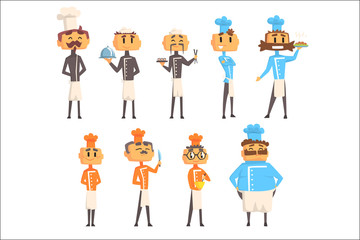 Restaurant Chef Cooks Set Of Man Cartoon Characters In Classic Double Breasted Jacket And Hat
