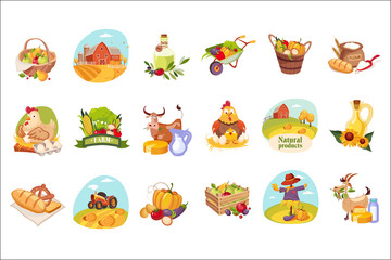 Farm Products And Animals Set Of Bright Stickers