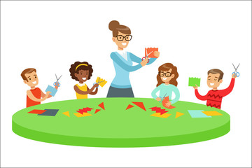 Children In Art Class Two Cartoon Illustrations With Elementary School Kids And Their Techer Crafting And Drawing In Creativity Lesson