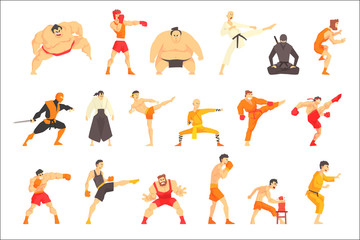 Martial Arts Fighters Demonstrating Different Technique Kicks Set Of Asian Fighting Sports Professional In Traditional Outfits Sportive Clothing