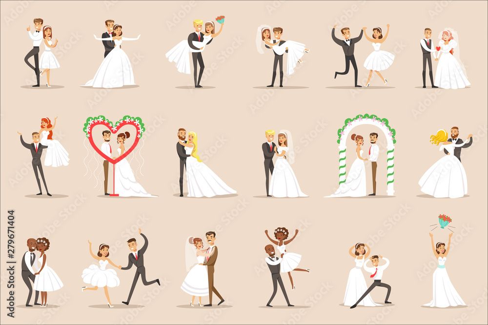 Sticker Newlyweds Posing And Dancing On The Wedding Party Set Of Scenes