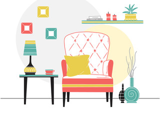 Chair, table with mug. Shelf with books and plants. Hand drawn vector illustration