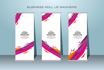 Creative roll up banner stand template design. Vertical banner template.  Universal standing banner for conference, promotion banner vector background.  Modern publication x-banner and flag-banner.