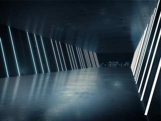 Empty room, Product showcase background, Long corridor with light glow and night city background.3D rendering