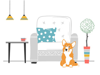 Scandinavian style interior. Furniture and various interior items. Dog sitting on the floor.