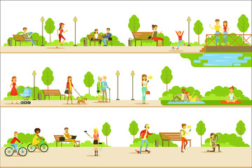 Fototapeta premium People Different Activities Outdoors Set Of Illustrations