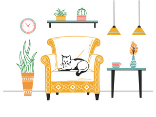 Fototapeta premium Scandinavian style interior. Furniture and various interior items. Armchair, cat on the chair.
