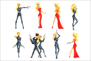 Secret Service Female Agent Undercover. Sexy Blond Woman Professional Asset In Red Fancy Dress And On Duty.