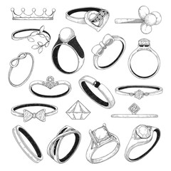 Hand drawn set of different jewelry rings. Vector illustration