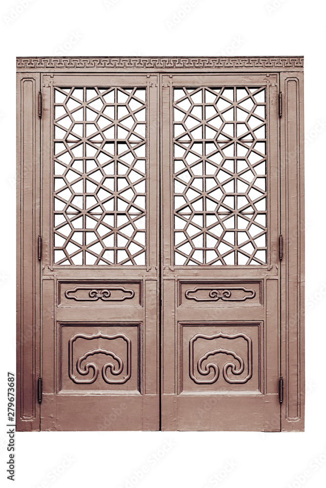 Wall mural Chinese traditional style wooden door on isolated white background