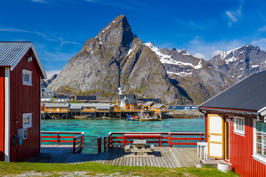 Hamnoy Village on Lofoten Islands,  Norway. The Typical Norwegian fishing village on Reinefjord,  With Rorbu Houses.