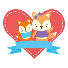 cute couple fox animals heart love ribbon