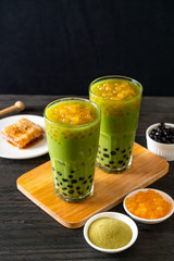 green tea latte with bubble and honey bubbles
