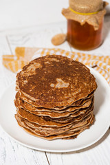 a stack of homemade pancakes, top view