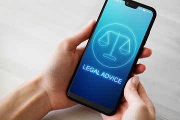 Legal advice icons on mobile phone screen. Attorney at law, consultation, supprot. Business concept.