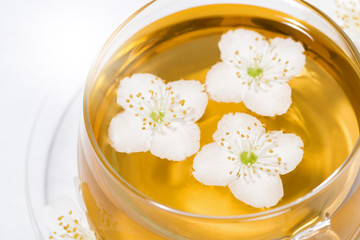 glass cup of fresh fragrant green tea with jasmine on white background, top view