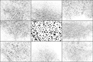 Set of Black Grainy Texture Isolated on White Background. Dust Overlay Textured. Dark Rough Noise Particles. Chaotic Explosion. Vector Design Elements, Illustration, EPS 10.