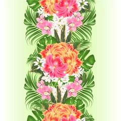 Poster Vertical border seamless background   with tropical flowers  floral arrangement, with beautiful yellow and pink Lily Alstroemeria s vintage vector illustration © zdenat5